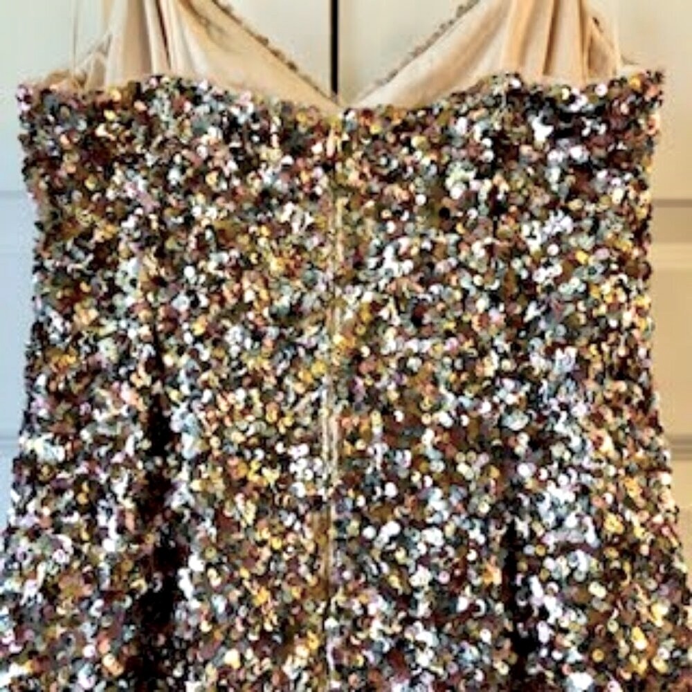 New ADRIANNA PAPELL Metallic Sequin Strappy Tiered Midi Dress 10P MSRP $245 - Picture 5 of 6